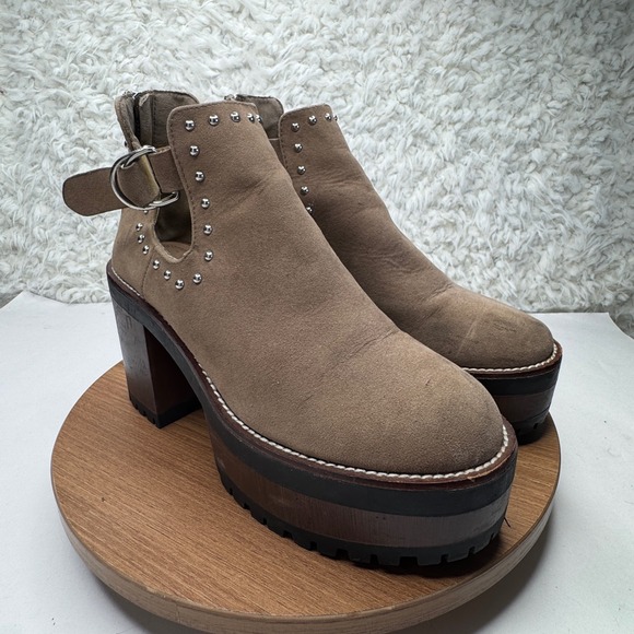 Pull & Bear Brown Suede Platform Studded Mary Jane Buckle Heel Ankle Boots 38  7 - Picture 1 of 7